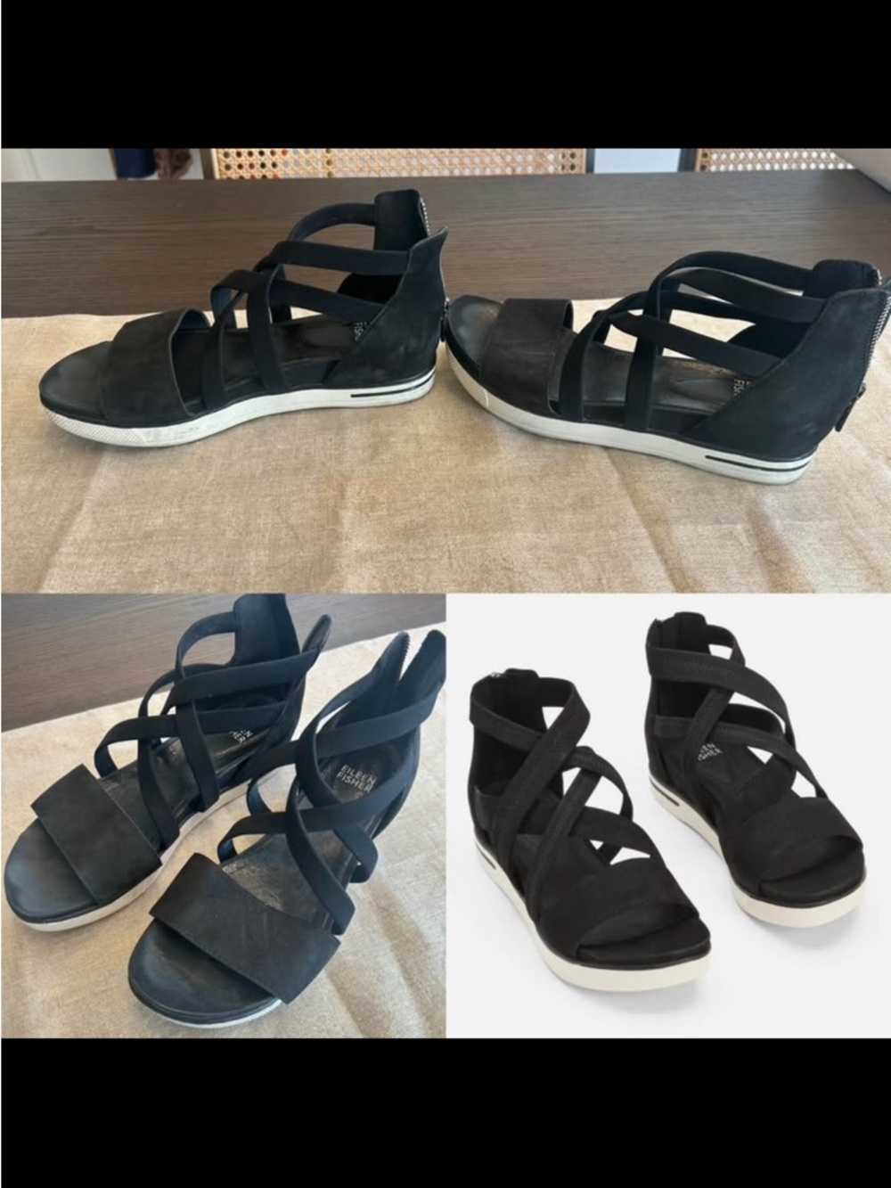 Eileen Fisher Black Strappy Wedge Sandals Skill Tumbled Nubuck Sneaker Sandal